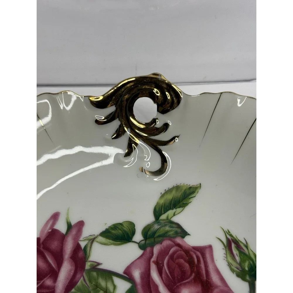 Vintage Hanging Scalloped Edge Floral‎ Dish Roses Gold Trim White Porcelain